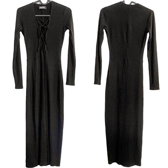 Reformation Edison Lace Up Ribbed Midi Dress Black - Picture 3 of 7